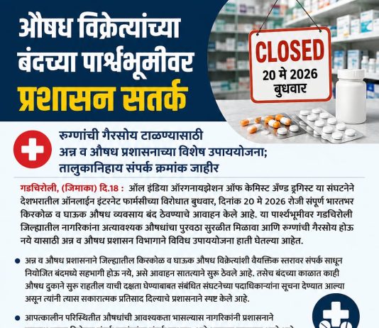 औषध विक्रेत्यांच्या बंदच्या पार्श्वभूमीवर प्रशासन सतर्क रुग्णांची गैरसोय टाळण्यासाठी अन्न व औषध प्रशासनाच्या विशेष उपाययोजना; तालुकानिहाय संपर्क क्रमांक जाहीर